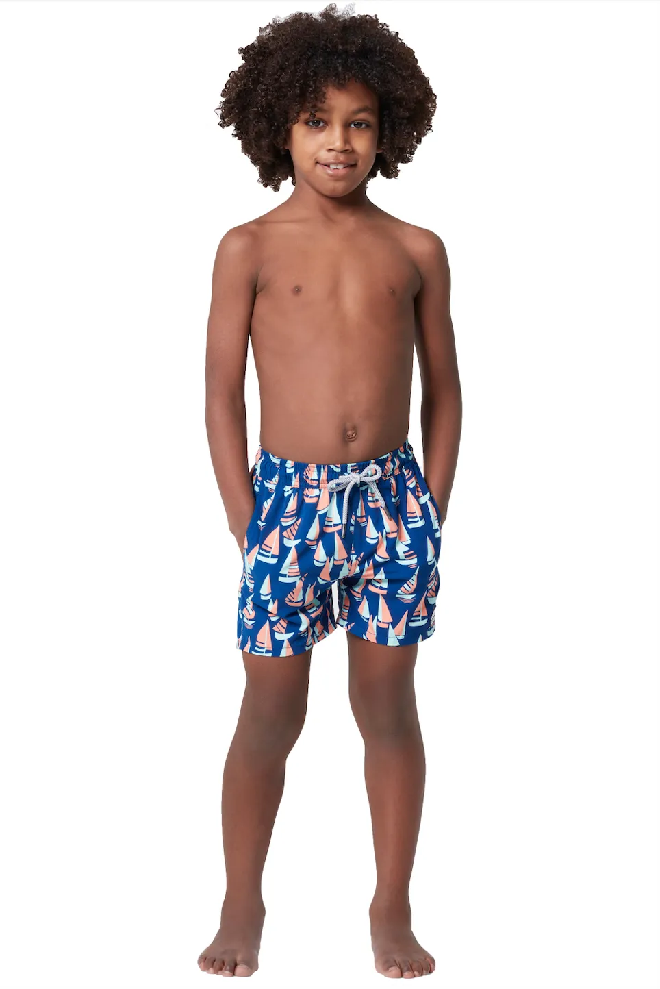 Tom & Teddy - Boys' Marine Boats Swim Trunks - Blue/Coral