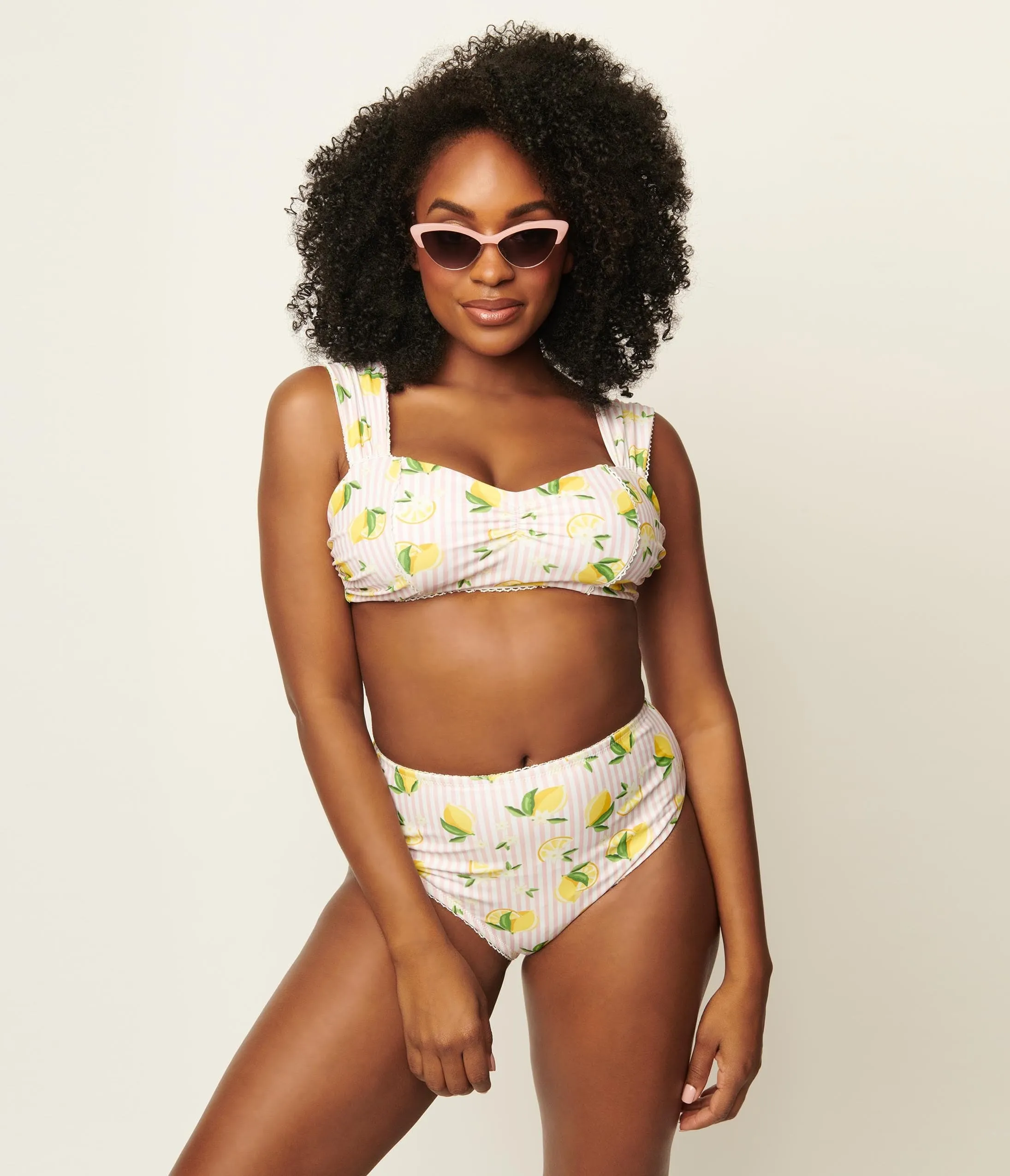 Unique Vintage Light Pink Stripe & Lemons Daphne Swim Bottoms