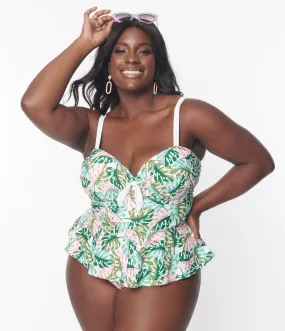 Unique Vintage Plus Size Green Monstera Print Daphne Swim Bottoms