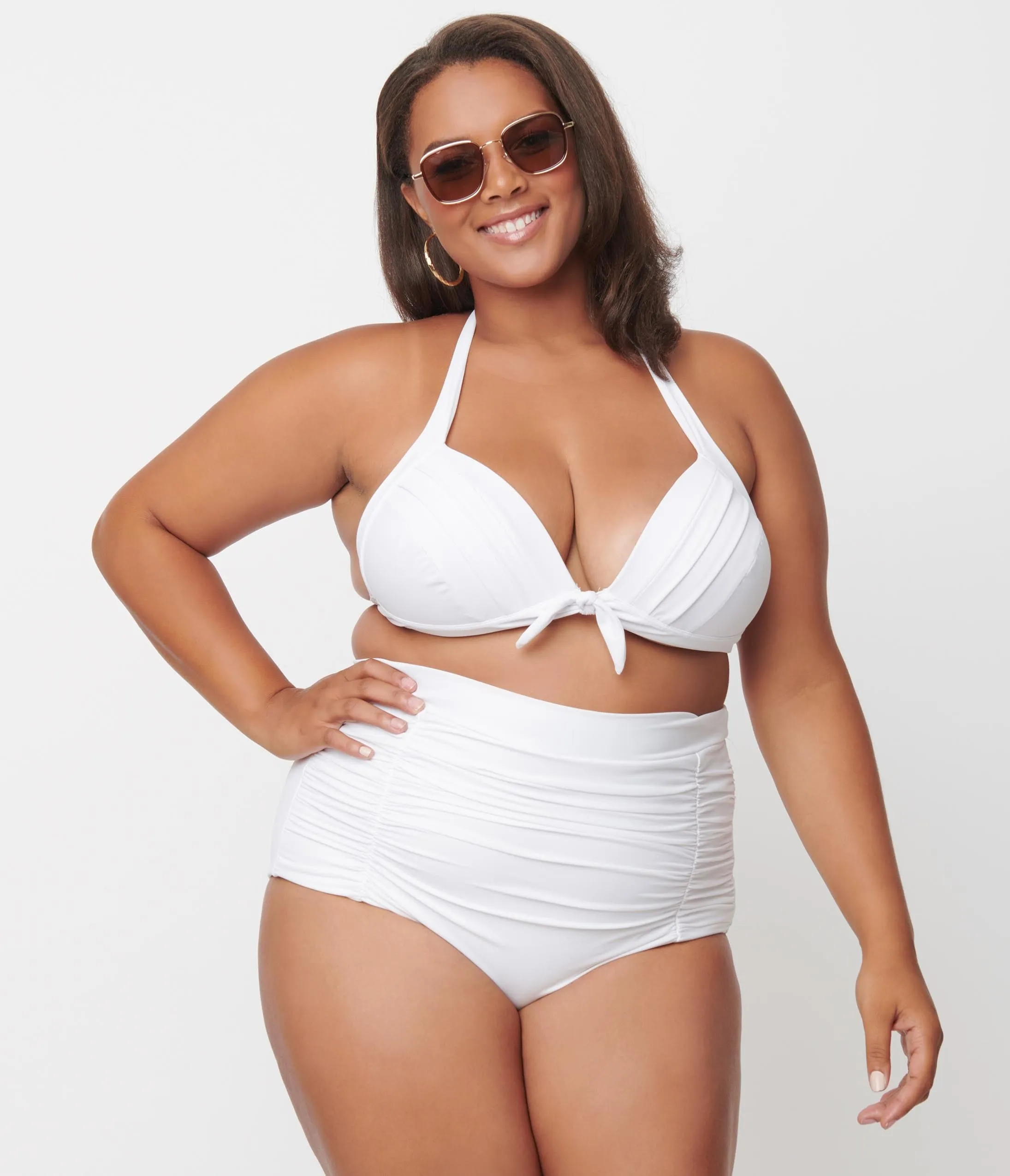 Unique Vintage Plus Size Solid White Monroe Halter Swim Top