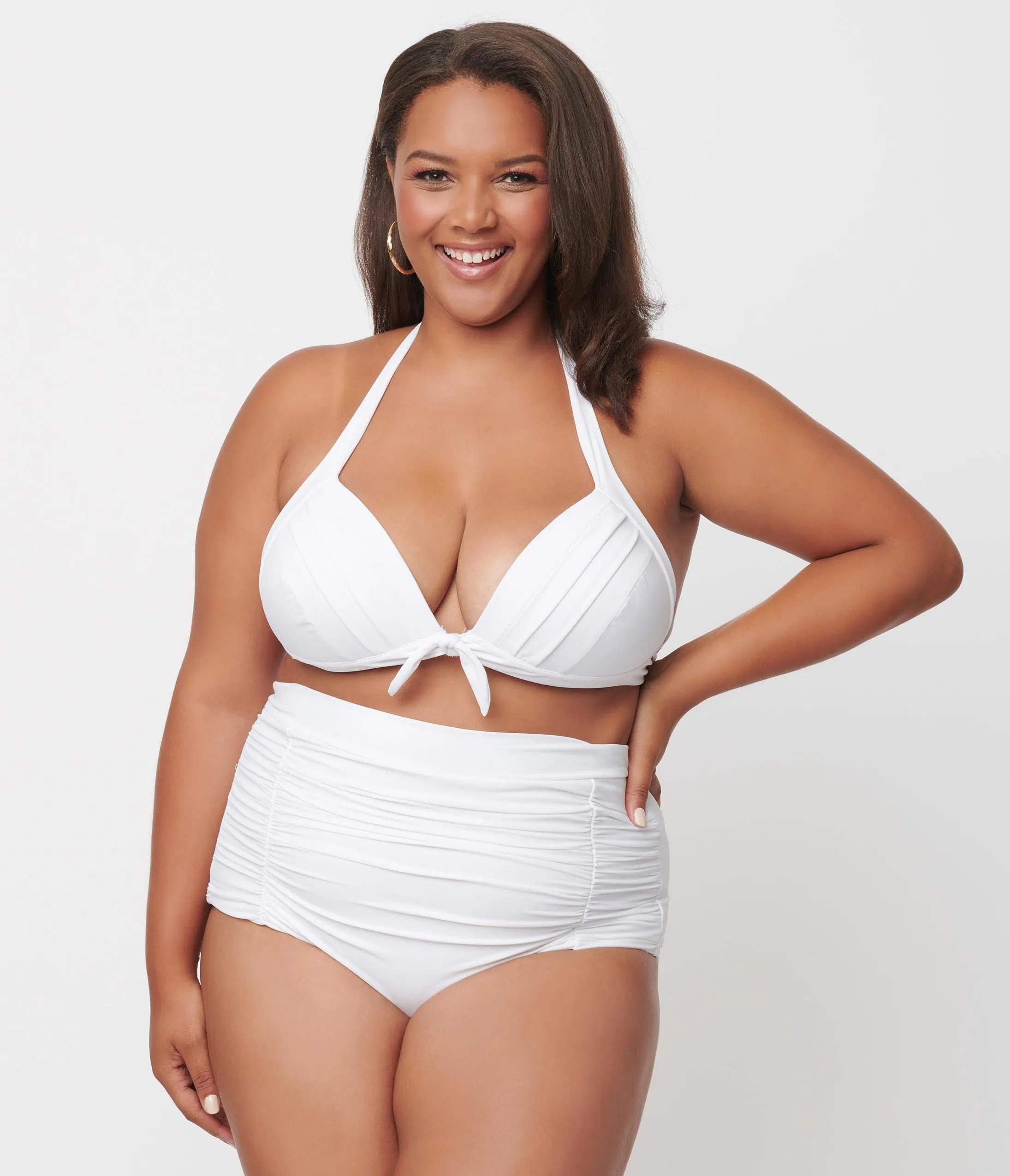 Unique Vintage Plus Size Solid White Monroe Halter Swim Top