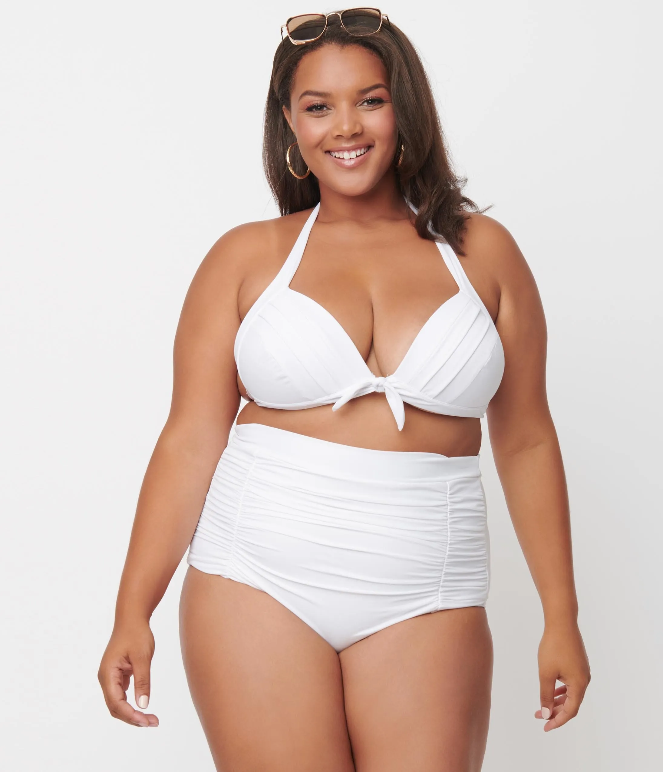 Unique Vintage Plus Size Solid White Monroe Halter Swim Top