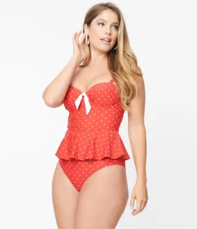 Unique Vintage Red & White Pin Dot Daphne Swim Bottoms