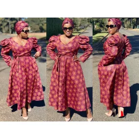 V-Neck Long Sleeve Ankara Dress