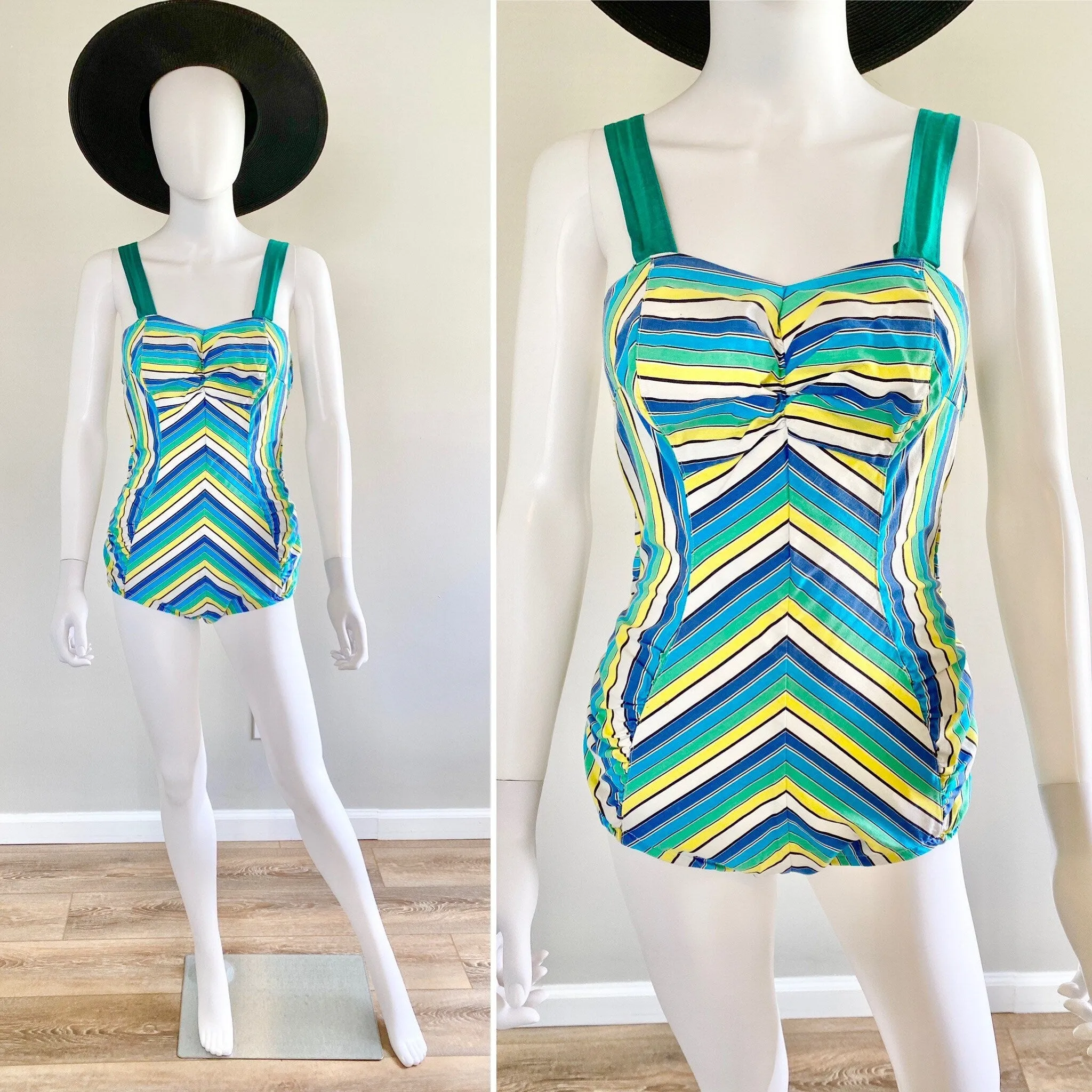 Vintage 1940s Striped Swimsuit / 40s Retro Bathing Suit / 40s Swimwear / Size S