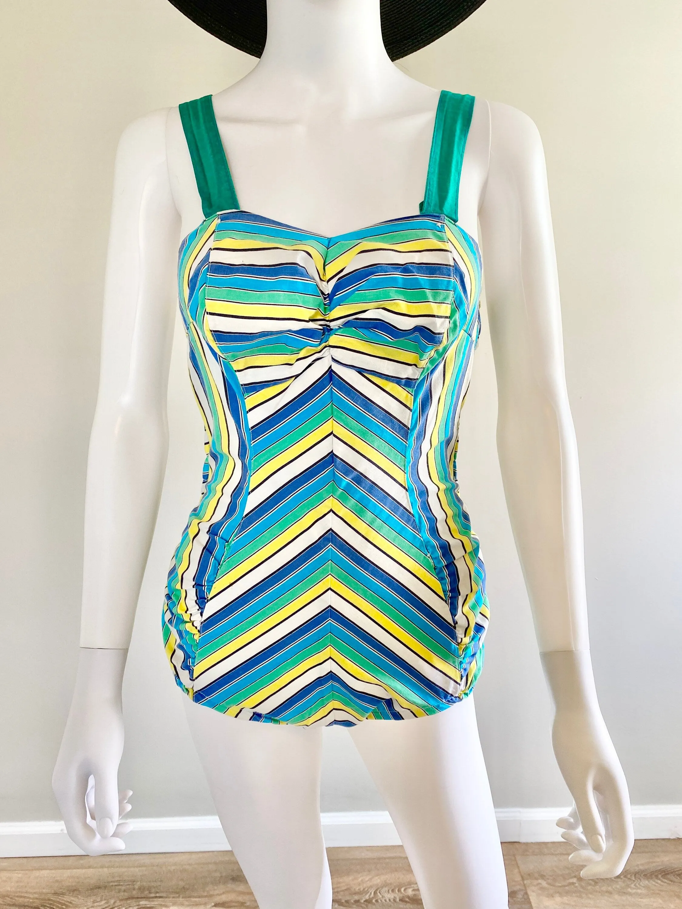 Vintage 1940s Striped Swimsuit / 40s Retro Bathing Suit / 40s Swimwear / Size S