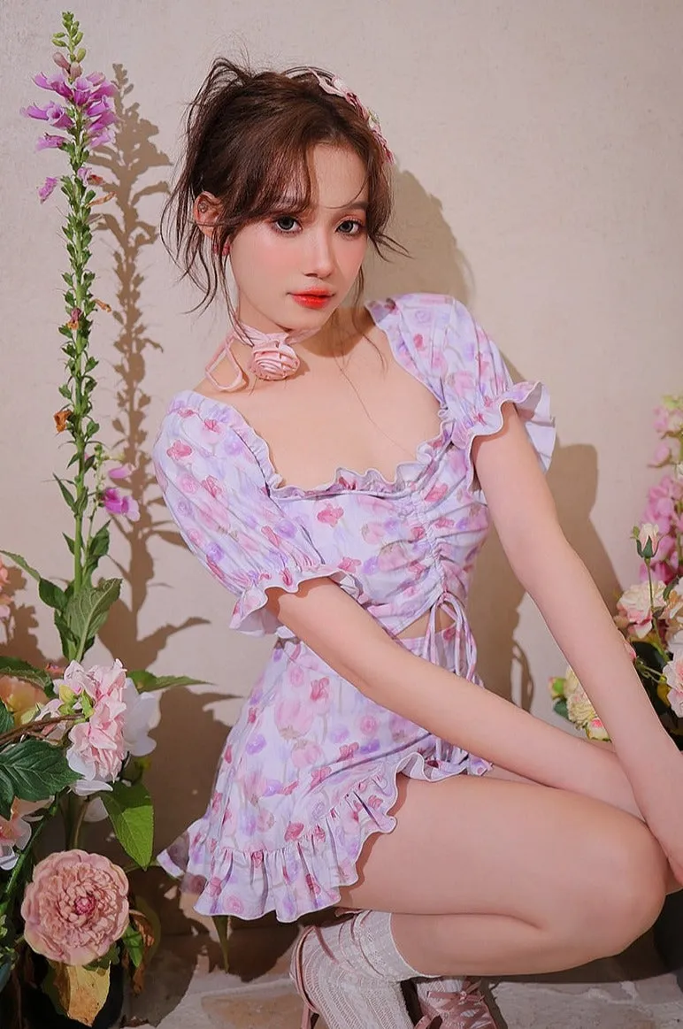 Watercolored Flower Skirted Kawaii Swimsuit