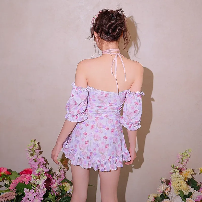 Watercolored Flower Skirted Kawaii Swimsuit