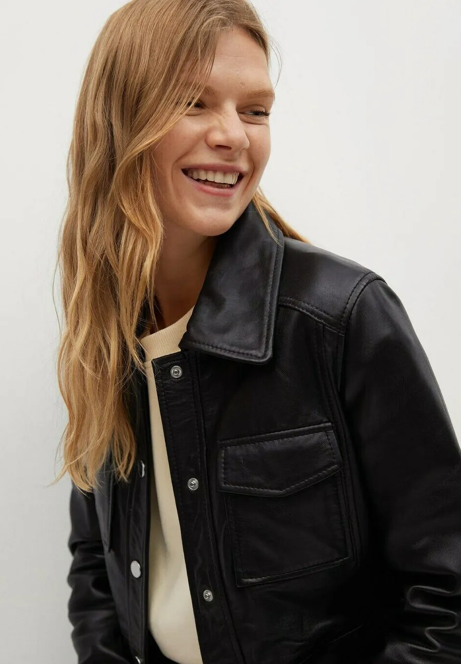 Women’s Black Leather Trucker Coat