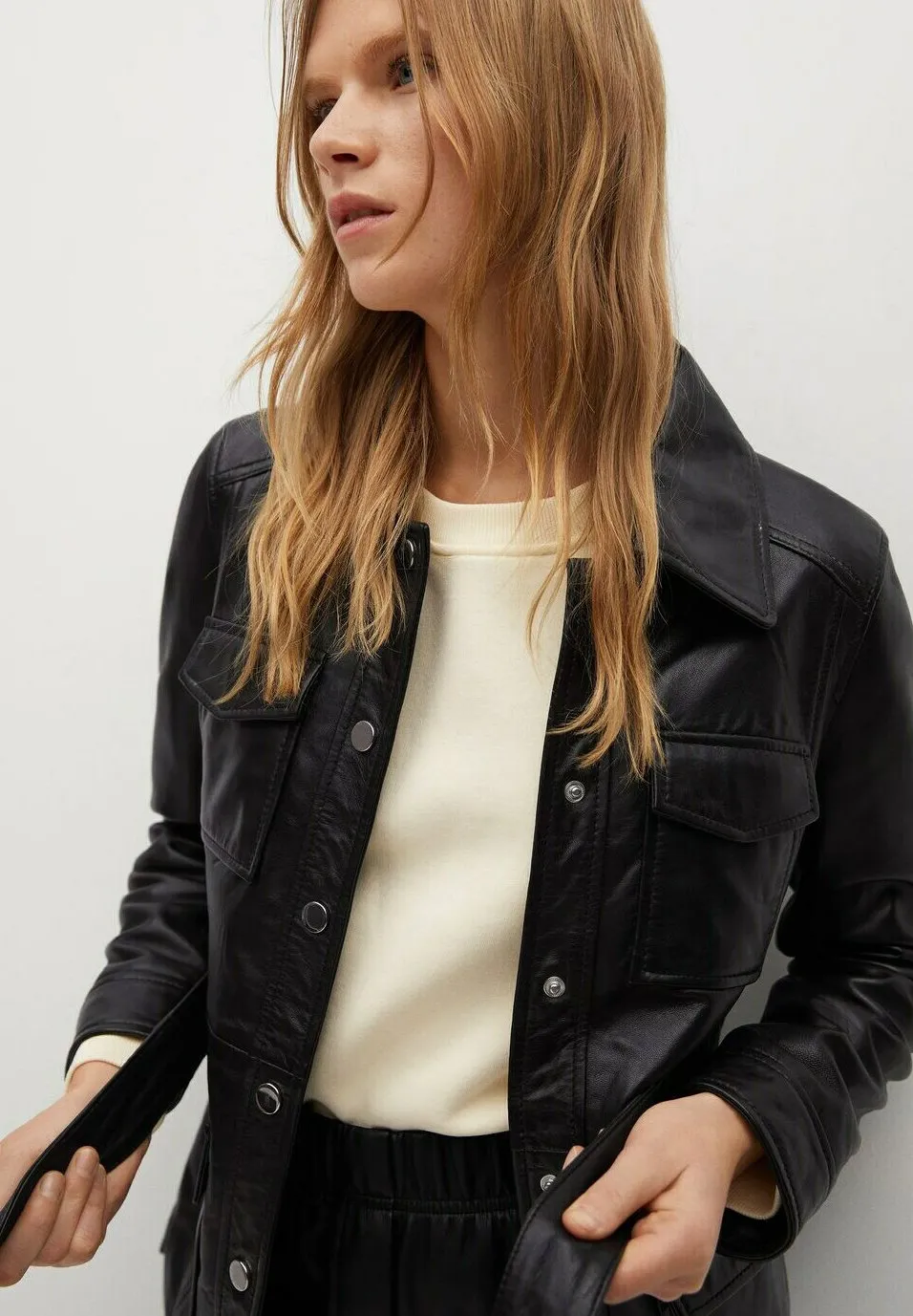 Women’s Black Leather Trucker Coat