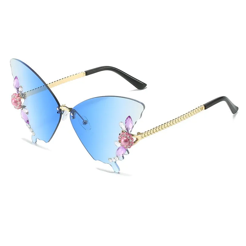 Women's Butterfly Crystal Decor Rimless Gradient Shade Sunglasses