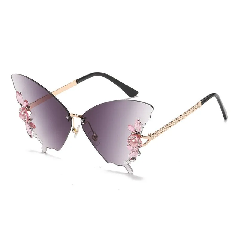 Women's Butterfly Crystal Decor Rimless Gradient Shade Sunglasses