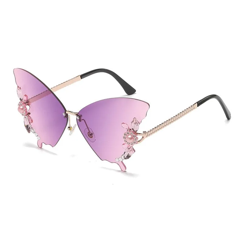 Women's Butterfly Crystal Decor Rimless Gradient Shade Sunglasses