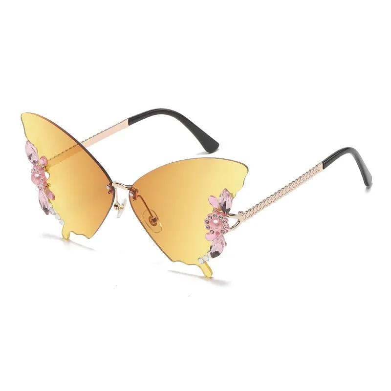 Women's Butterfly Crystal Decor Rimless Gradient Shade Sunglasses