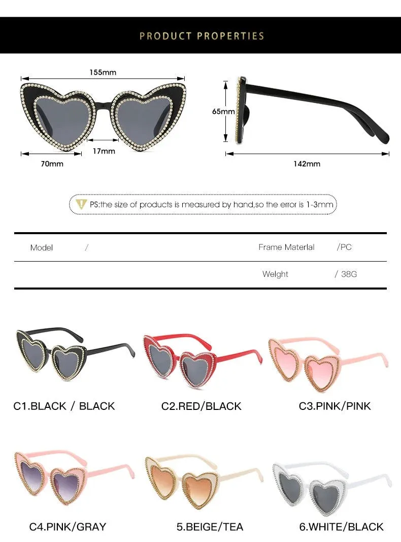 Women's Designer Heart Bling Crystal Diamond Luxury Eyewear Sunglasses