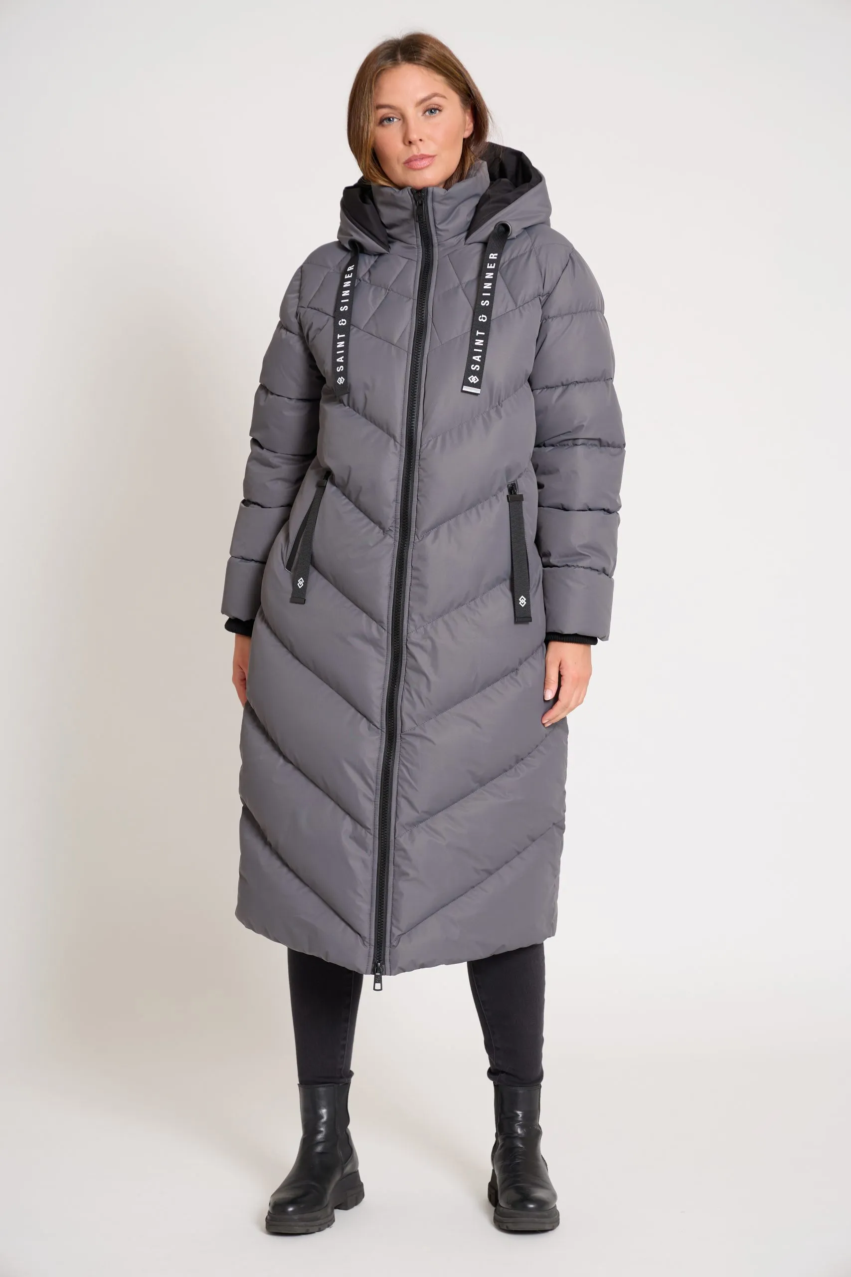 Women’s Long Oversized Padded Grey Hooded Winter Coat