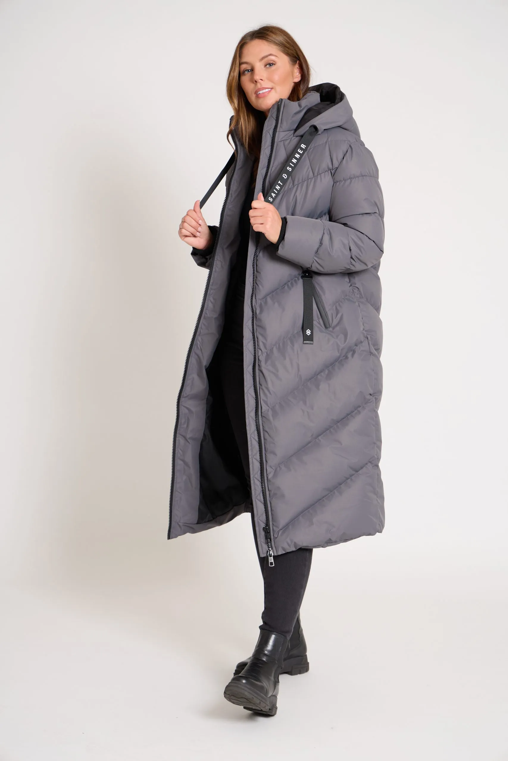 Women’s Long Oversized Padded Grey Hooded Winter Coat