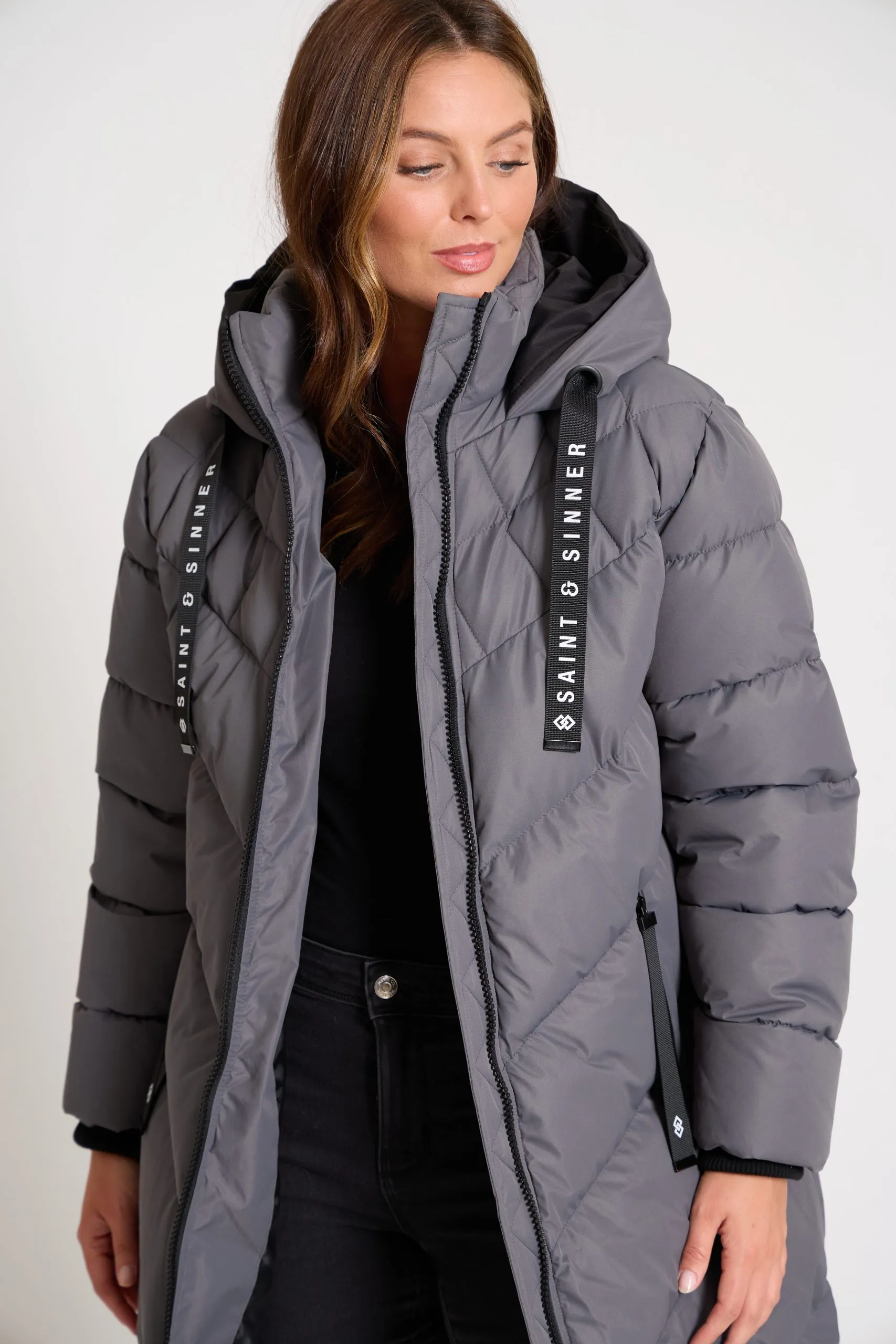 Women’s Long Oversized Padded Grey Hooded Winter Coat