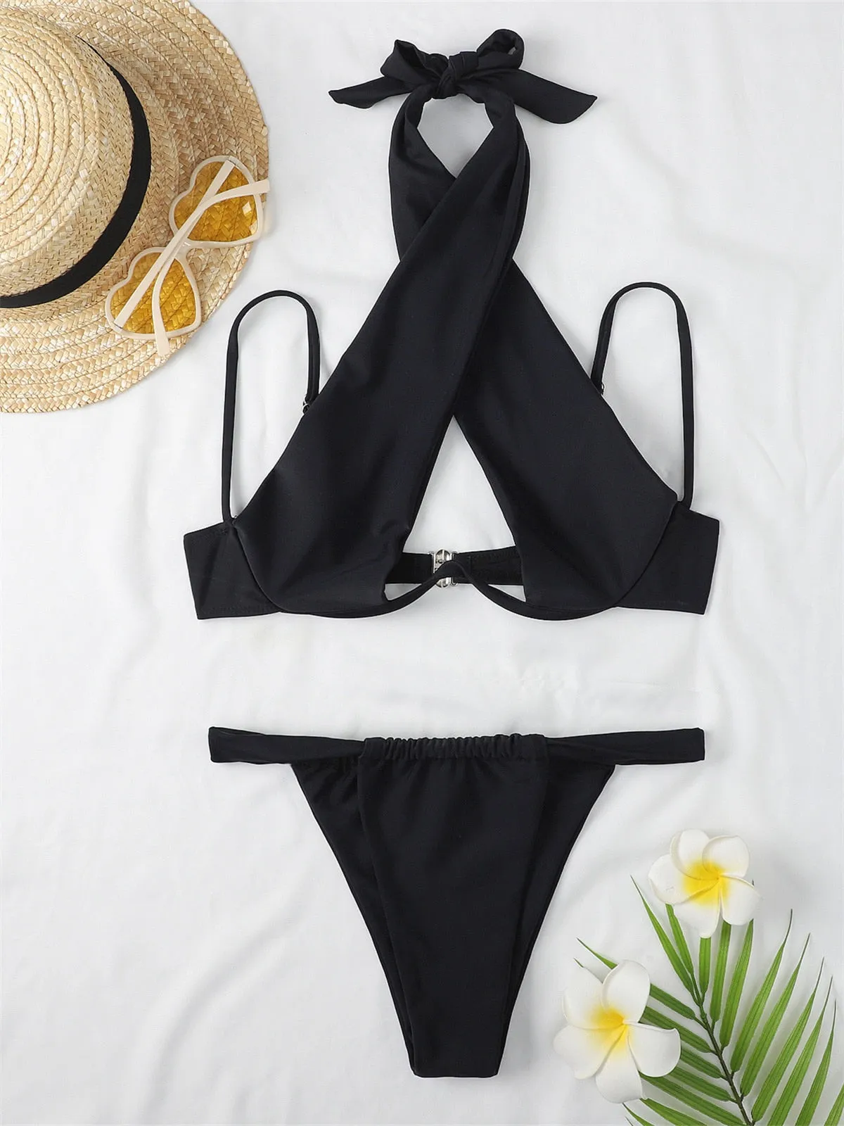 Women's Summer Polyester Cross Neck Cut-Out Push-Up Swimwear