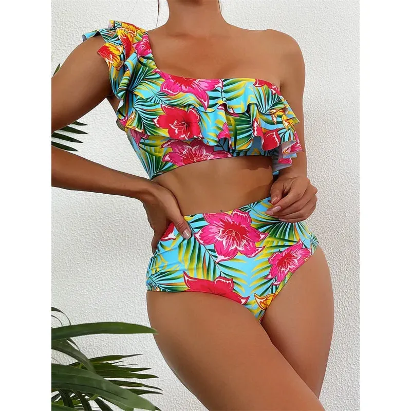 Women's Vintage Floral One Shoulder Ruffles Push-Up High Waist Swimwear