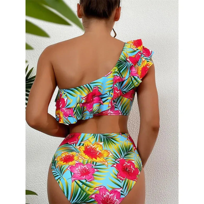 Women's Vintage Floral One Shoulder Ruffles Push-Up High Waist Swimwear