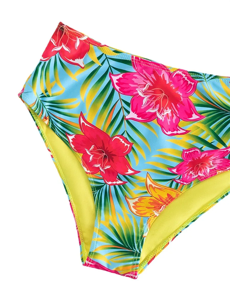 Women's Vintage Floral One Shoulder Ruffles Push-Up High Waist Swimwear